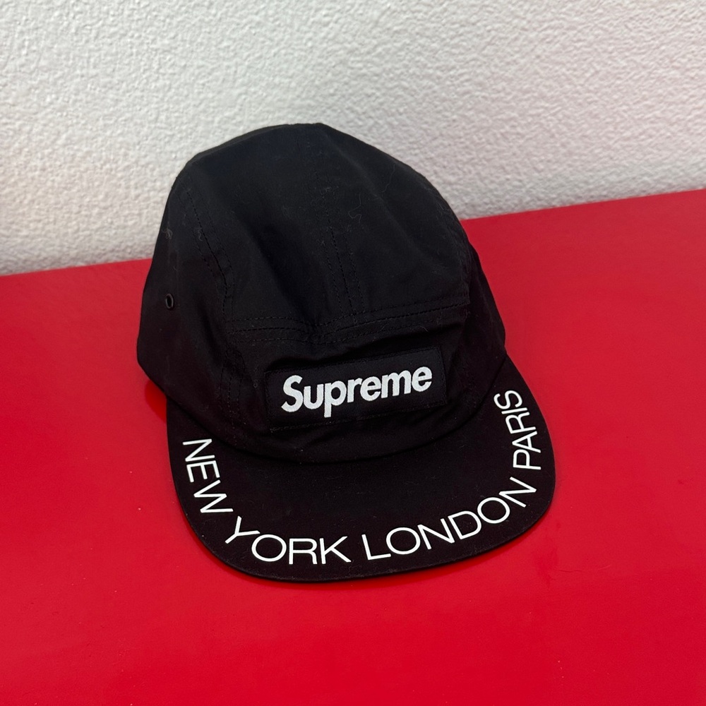 Supreme Visor Print Camp Cap New York London Paris Black Streetwear Casual